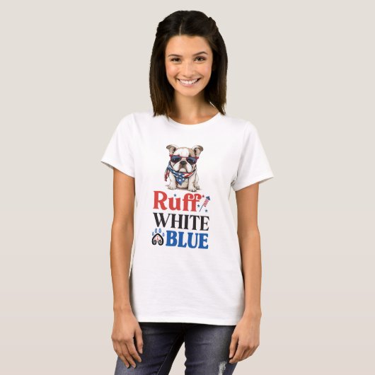 Patriottische Bulldog Ruff Wit & Blauw T-shirt (Voorkant volledig)
