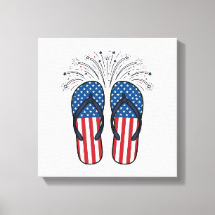 Patriottische Flip Flops Vuurwerk Zomer T-shirt On Canvas Afdruk