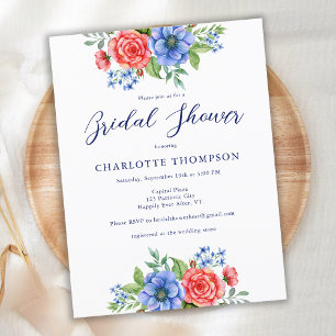 Patriottische Floral Red Blue Bridal Shower Briefkaart