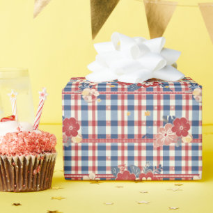 Patriottische Gingham met bloemenaccenten Rood W Cadeaupapier