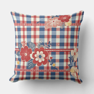 Patriottische Gingham met bloemenaccenten | Rood W Kussen