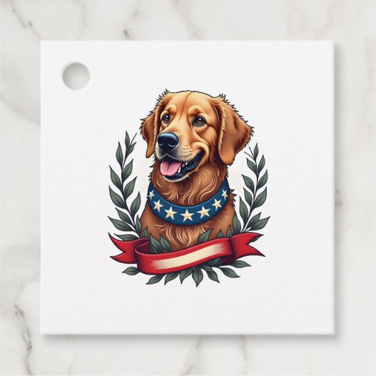 Patriottische Golden Retriever Americana Art T-shi Bedankjes Labels (Voorkant)