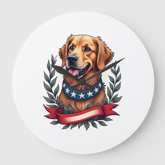 Patriottische Golden Retriever Americana Art T-shi Grote Klok (Voorkant)