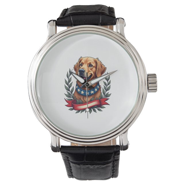 Patriottische Golden Retriever Americana Art T-shi Horloge (Voorkant)