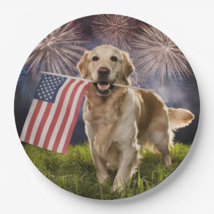 Patriottische Golden Retriever met vuurwerk Papieren Bordje