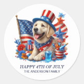 Patriottische Hond Top Hoed Rood Wit Blauw Sterren Ronde Sticker (Voorkant)