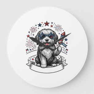 Patriottische Hond Vuurwerk Vintage Vector T-shirt Grote Klok