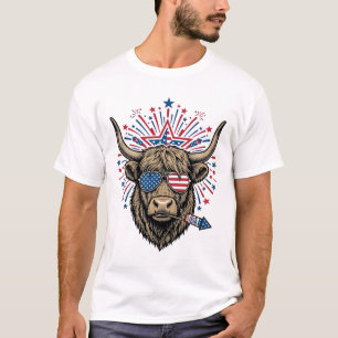 Patriottische Hoogland Koe Vuurwerk Vintage Gravur T-shirt