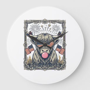 Patriottische Hooglandkoe Vintage Gravure Ontwerp_ Grote Klok
