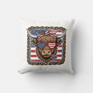 Patriottische Hooglandkoe Vintage Gravure Ontwerp Kussen