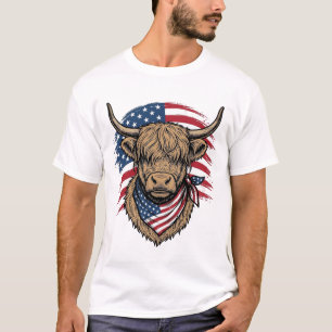 Patriottische Hooglandkoe Vintage Gravure Vlag Kun T-shirt