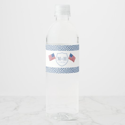 Patriottische Juli 4th Monogram Bruiloft Douche Pa Waterfles Etiket (Voorkant)