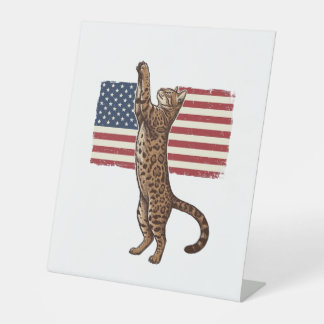 Patriottische Kat Amerikaanse Vlag Vintage Vector  Reclamebord Met Voetstuk