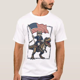 Patriottische Kat die op een Dinosaurus Rijdt Vint T-shirt