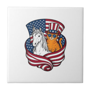 Patriottische kat en eenhoorn vintage vector ontwe tegeltje