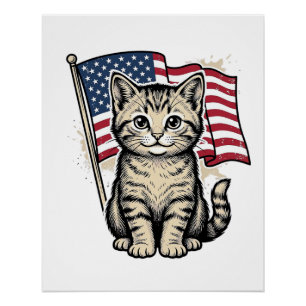 Patriottische kat met Amerikaanse vlag Vintage Vec Perfect Poster