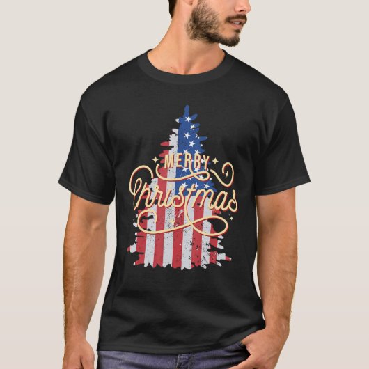 Patriottische kerstboom ons vlag Retro Merry Chris T-shirt (Voorkant)
