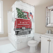 Patriottische Kerstmis Red Truck Flag Rustic Douchegordijn (In situ)