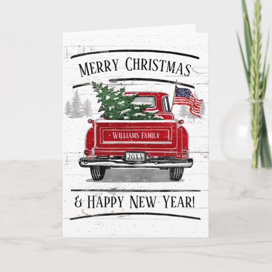 Patriottische Kerstmis Red Truck Flag Rustic Feestdagen Kaart (Voorkant)