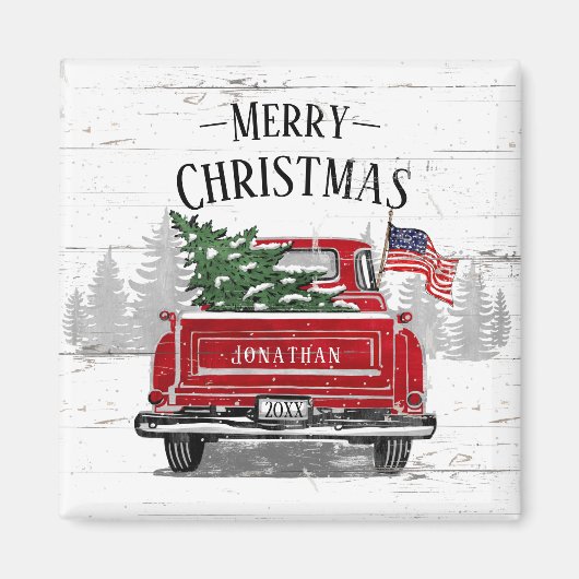 Patriottische Kerstmis Red Truck Flag Rustic Magneet (Voorkant)