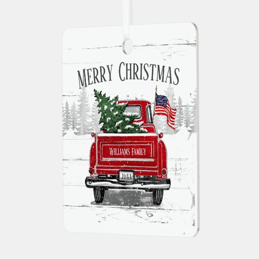 Patriottische Kerstmis Red Truck Flag Rustic Metalen Ornament (Voorkant links)