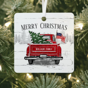 Patriottische Kerstmis  Red Truck Flag Rustic Metalen Ornament