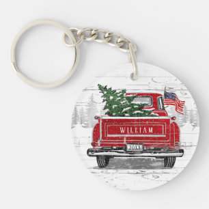 Patriottische Kerstmis Red Truck Flag Rustic Sleutelhanger