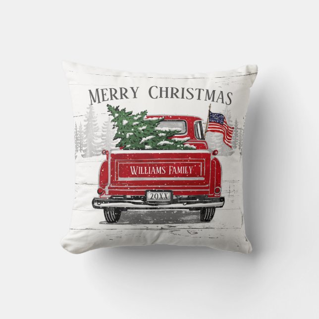 Patriottische kerstmis  Red Truck Name Rustic Kussen (Voorkant)