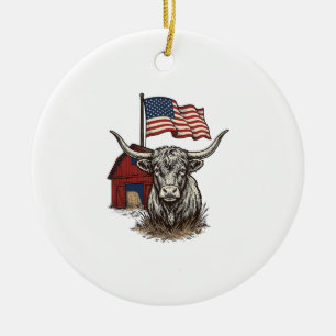 Patriottische Longhorn Koe en Rode Schuur Vectoron Keramisch Ornament