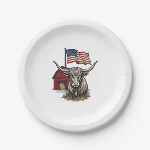 Patriottische Longhorn Koe en Rode Schuur Vectoron Papieren Bordje