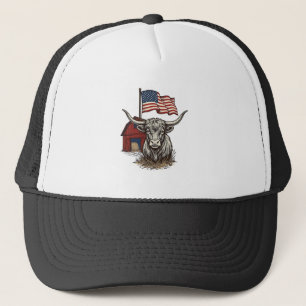 Patriottische Longhorn Koe en Rode Schuur Vectoron Trucker Pet