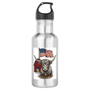 Patriottische Longhorn Koe en Rode Schuur Vectoron Waterfles