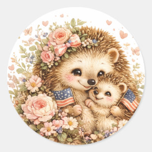 Patriottische mama en baby egel watercolor kunst ronde sticker