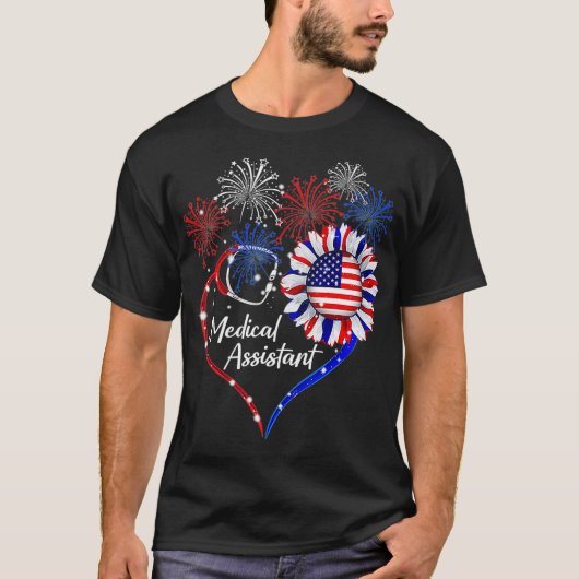 Patriottische medische assistent zonnebloem 4 juli t-shirt (Voorkant)