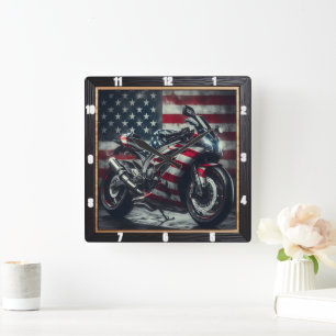 Patriottische motorfiets Amerikaanse vlag Vierkante Klok