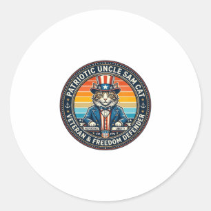 Patriottische Oom Sam Kat Retro Zonsondergang T-Sh Ronde Sticker