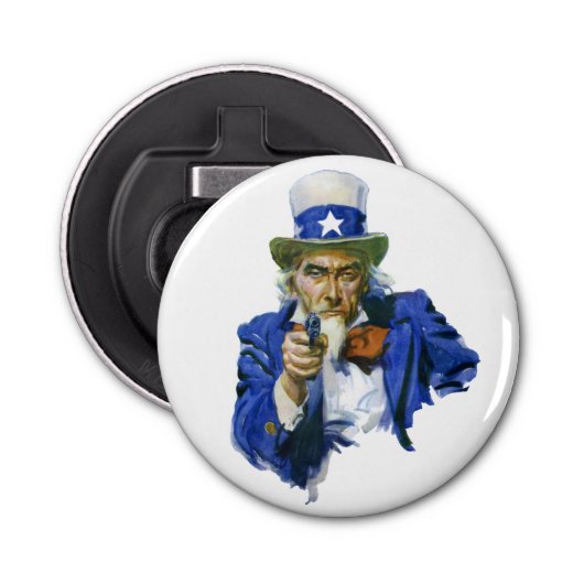 Patriottische oom Sam met Star-Pet en -Pistool Button Flesopener (Voorkant)