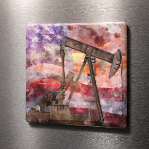 Patriottische Pumpjack Aquarel Zonsondergang Kunst Magneet