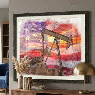 Patriottische Pumpjack Waterverf Zonsondergang Kun Foto Afdruk