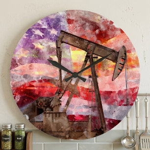 Patriottische Pumpjack Waterverf Zonsondergang Kun Grote Klok