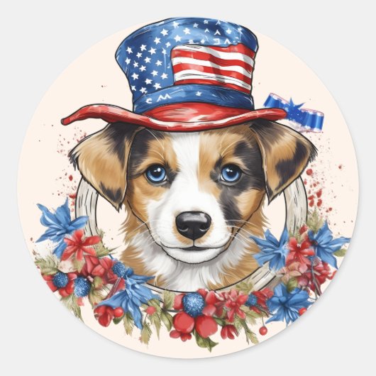 Patriottische Puppy 4 juli Verenigde Staten Onafha Ronde Sticker (Voorkant)