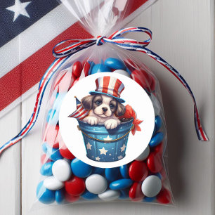 Patriottische Puppy Hond Rood Wit Blauwe Hoed Ronde Sticker