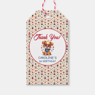 Patriottische Puppy Vuurwerk Verjaardag Cadeaulabel