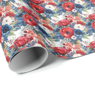 Patriottische Rode Witte en Blauwe Bloemen Cadeaupapier