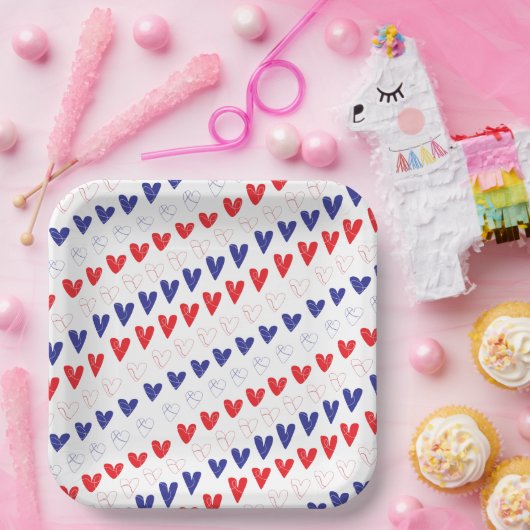 Patriottische rode, witte en blauwe harten papieren bordje (Feest)