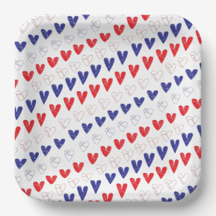 Patriottische rode, witte en blauwe harten papieren bordje