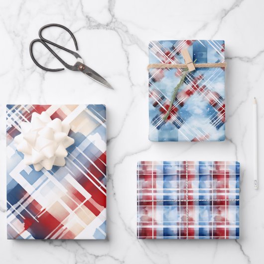 Patriottische Rood Wit Blauw Plaid Complementaire Inpakpapier Vel (Voorkant)