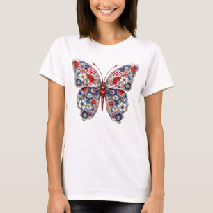 PATRIOTTISCHE ROOD WIT BLAUWE VLINDER EN BLOEMEN T-SHIRT
