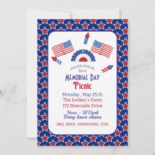 Patriottische Rood Wit en Blauw Memorial Day Picni Kaart (Voorkant)