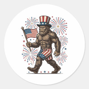Patriottische Sasquatch-Vuurwerk Vintage Gravure D Ronde Sticker